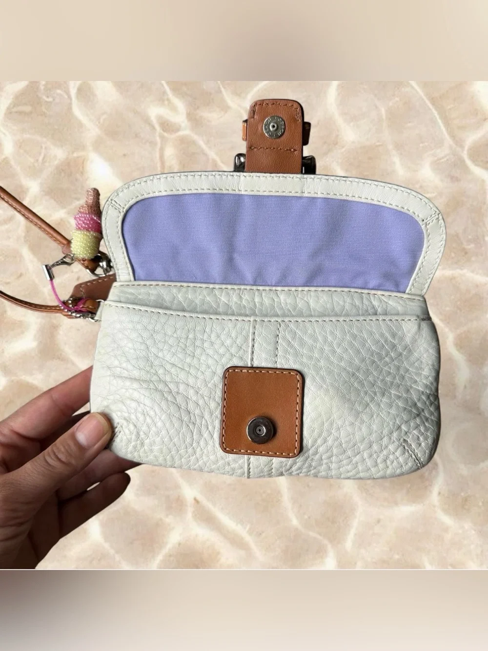 Coach Soho White Pebbled Leather Wristlet Wallet with Tan Buckle Accent